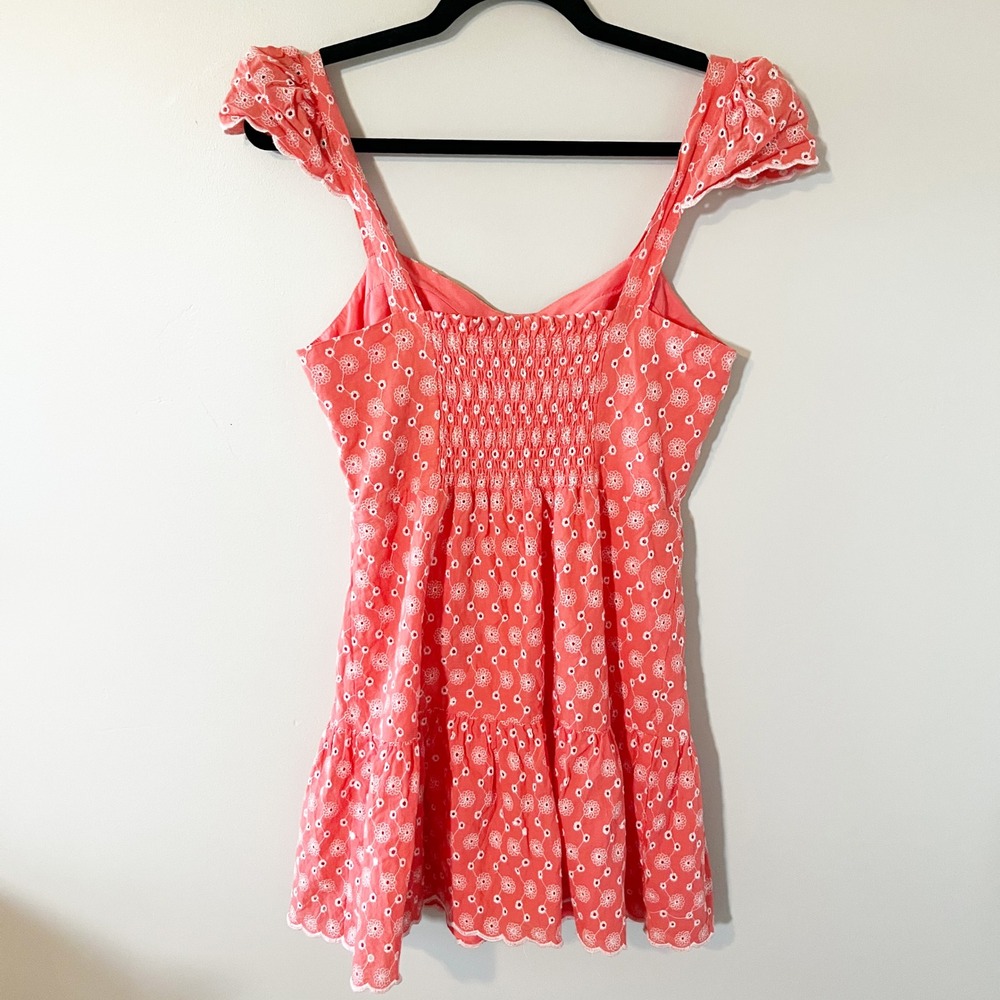 Betsey Johnson Coral Pink Eyelet Floral Mini Dress Ruffle Sleeve Small - Picture 3 of 12